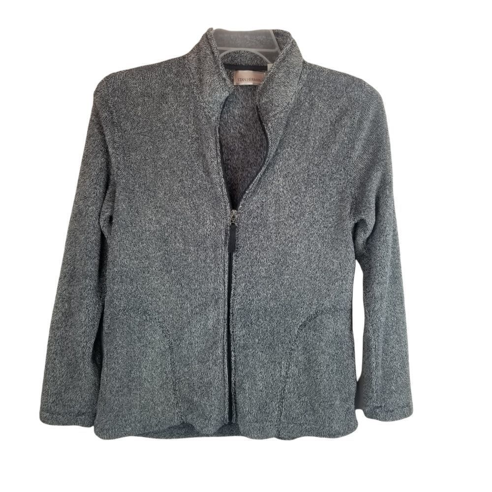 STAN HERMAN ZIP UP FLEECE JACKET. SIZE M. Grayish black. Full front zipper.